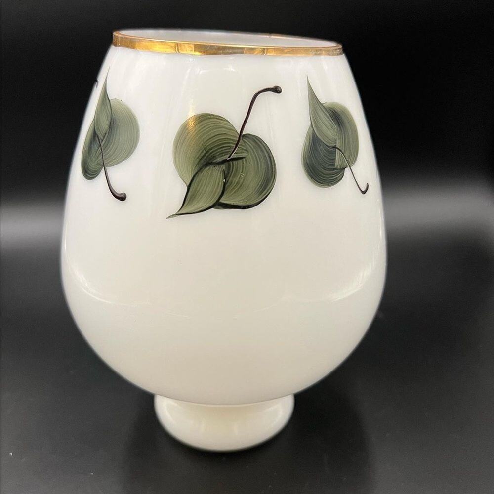 Vintage Milk Glass Vase with Hand-Painted Green Leaves and Gold Rim